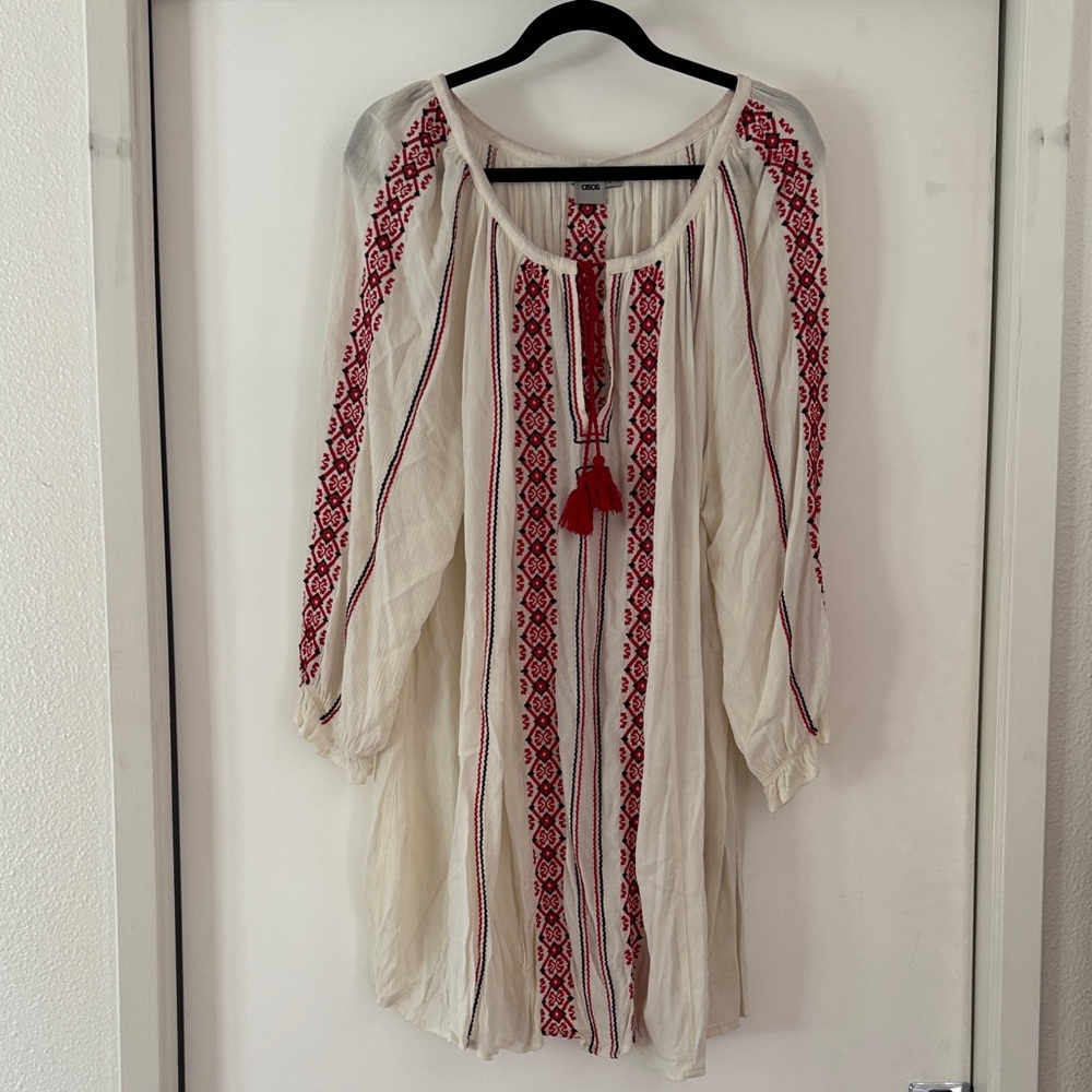 ASOS White Long Sleeve Embroidered Peasant Dress with Red Accents